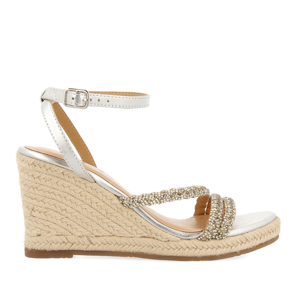 SANDALES EN CUIR DE COULEUR ARGENT AVEC DES BRIDES ORNÉES DE PIERRES ET UNE SEMELLE COMPENSÉE EN JUTE POUR FEMME MENFI