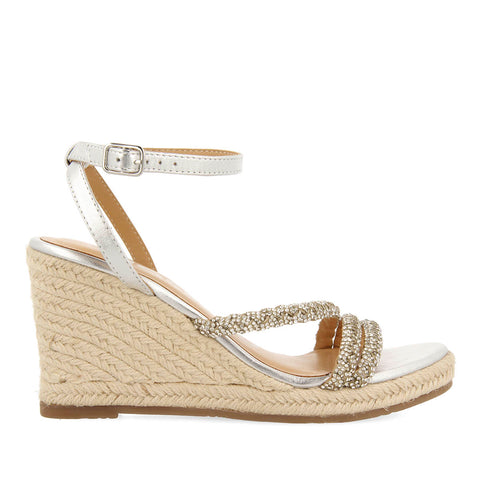 SANDALI IN PELLE COLORE ARGENTO CON STRISCE CON GIOIELLI E ZEPPA ALTA DI YUTE PER DONNA MENFI