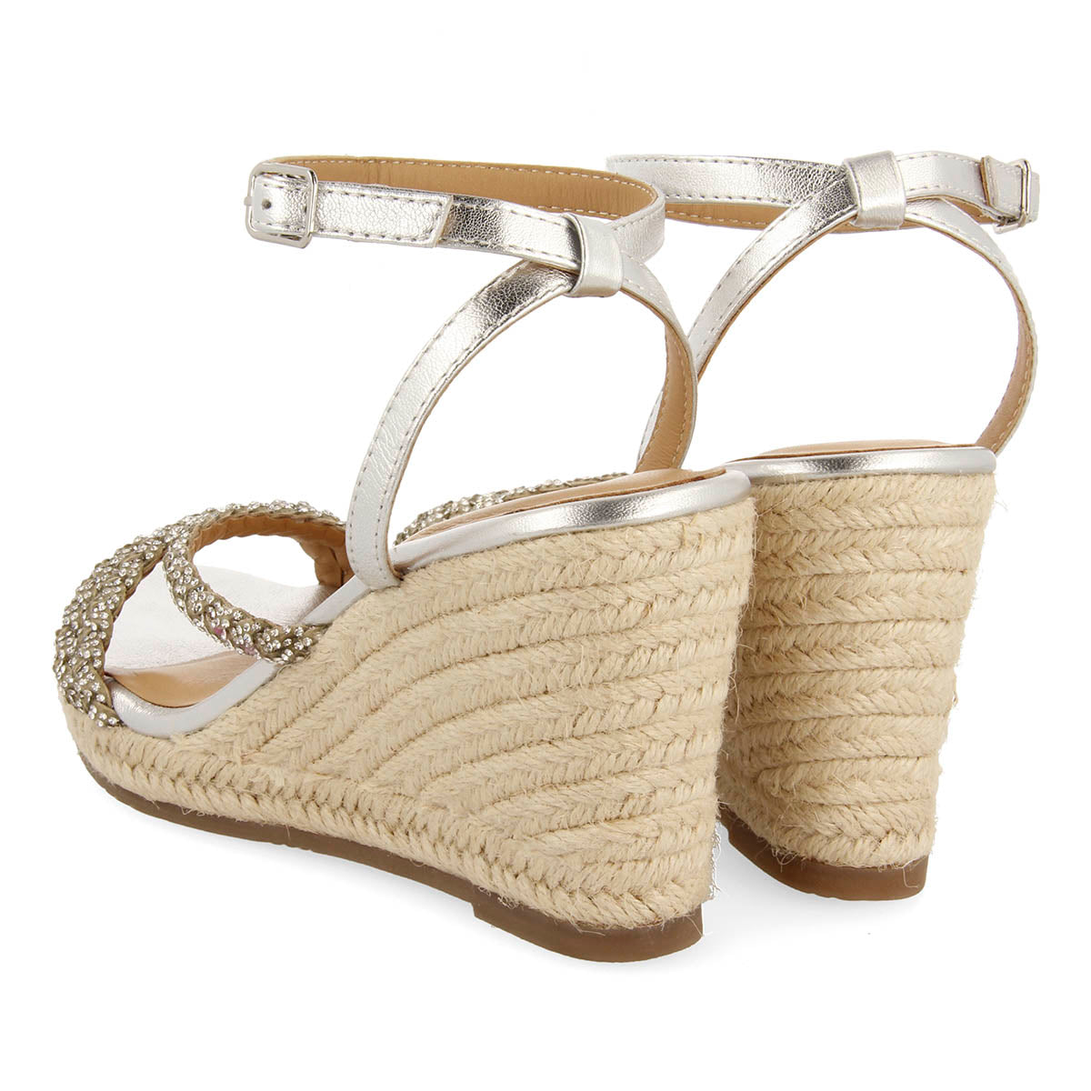 SANDALES EN CUIR DE COULEUR ARGENT AVEC DES BRIDES ORNÉES DE PIERRES ET UNE SEMELLE COMPENSÉE EN JUTE POUR FEMME MENFI