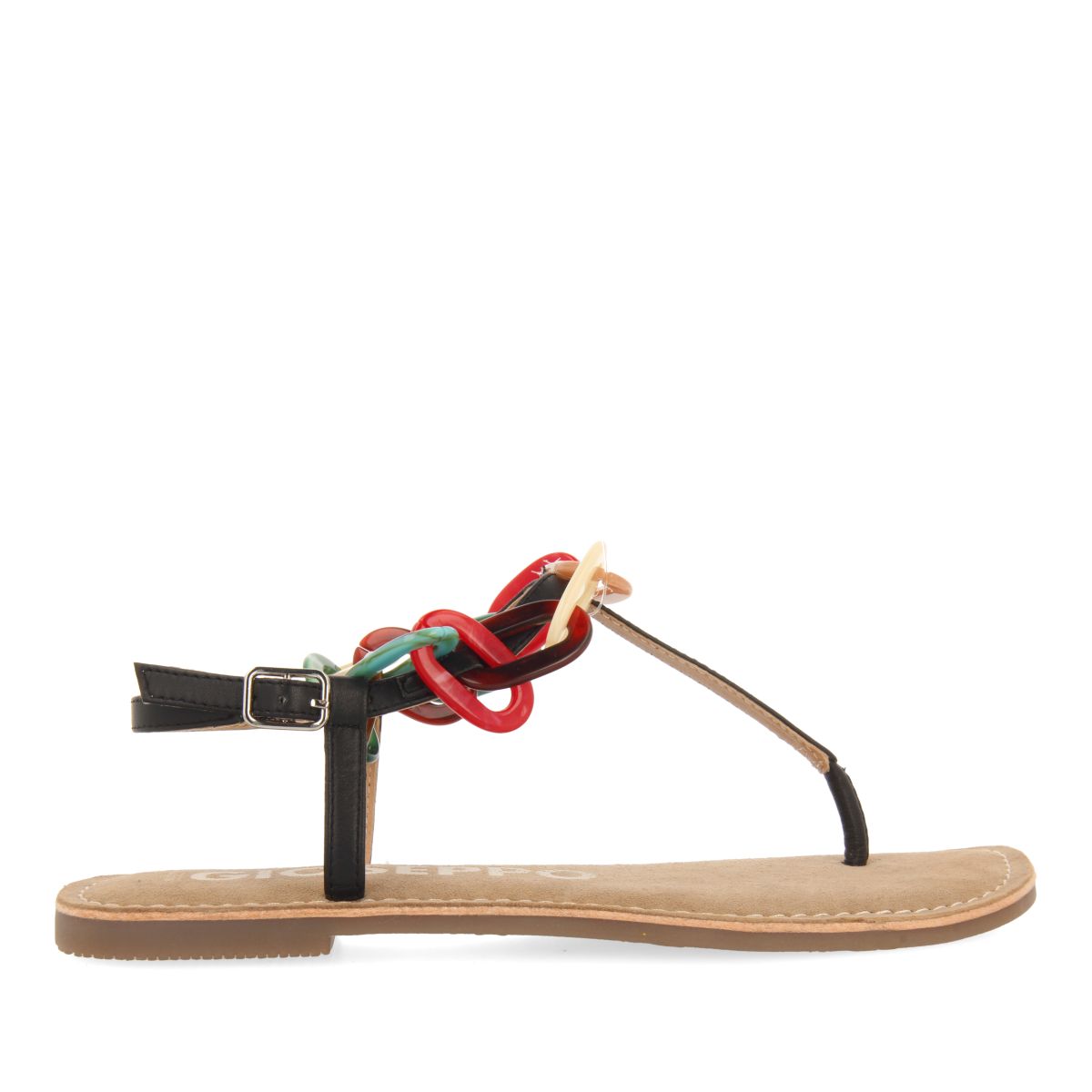 SANDALIAS NEGRAS DE PIEL CON DETALLE DE ESLABONES MULTICOLOR PARA MUJER MEDLEY