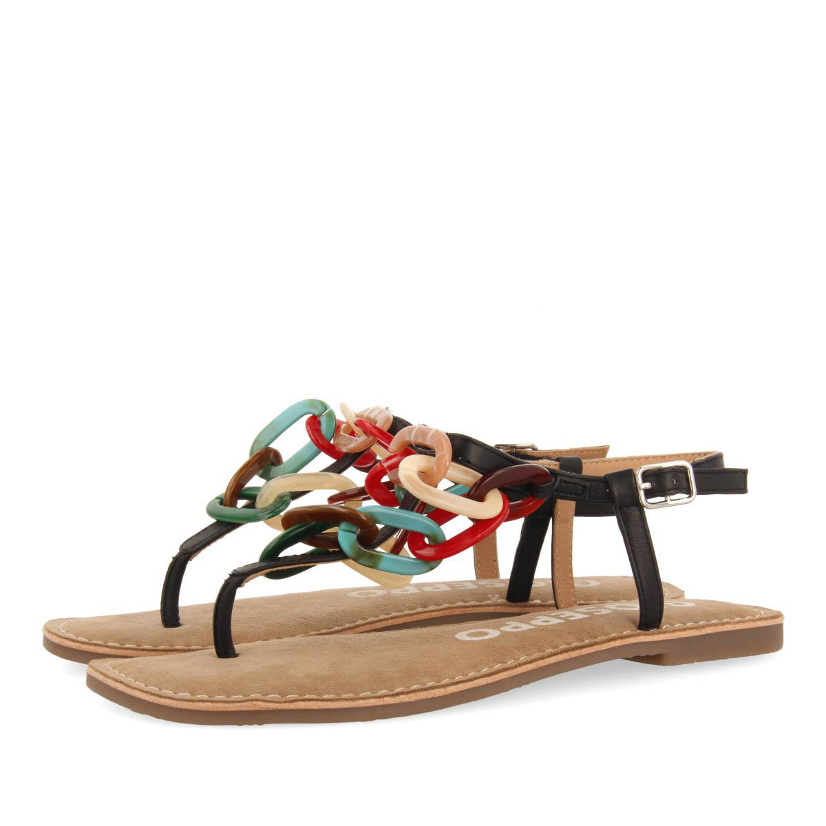 SANDALIAS NEGRAS DE PIEL CON DETALLE DE ESLABONES MULTICOLOR PARA MUJER MEDLEY
