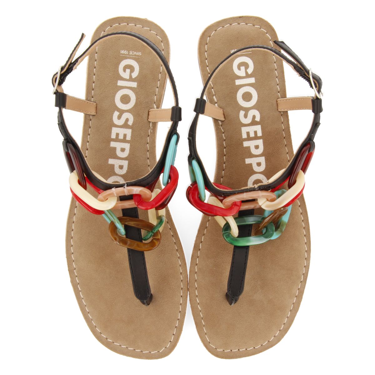 SANDALIAS NEGRAS DE PIEL CON DETALLE DE ESLABONES MULTICOLOR PARA MUJER MEDLEY