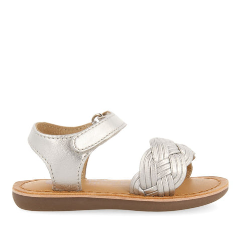 SILVER LEATHER SANDALS WITH BRAIDING AND ADJUSTABLE CLOSURE FOR BABY FLUSHE