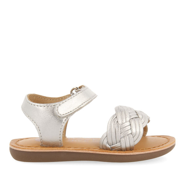 SILVER LEATHER SANDALS WITH BRAIDING AND ADJUSTABLE CLOSURE FOR BABY FLUSHE