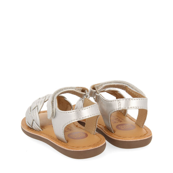 SILVER LEATHER SANDALS WITH BRAIDING AND ADJUSTABLE CLOSURE FOR BABY FLUSHE
