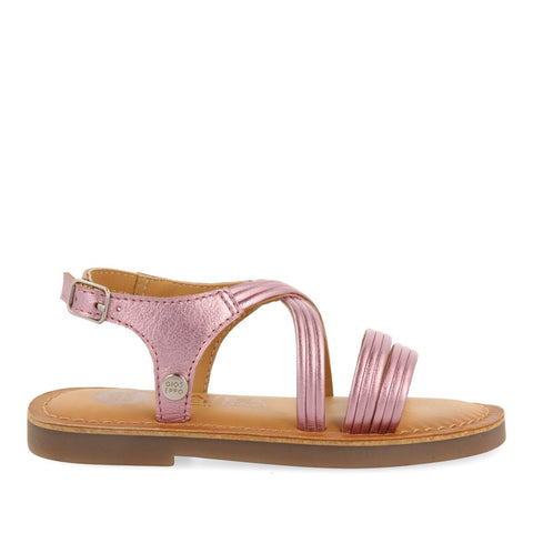 PINK METALLIC SANDALS WITH TUBULAR LEATHER STRAPS FOR GIRL AND BOY KERRIER WITH LEATHER STRAPS