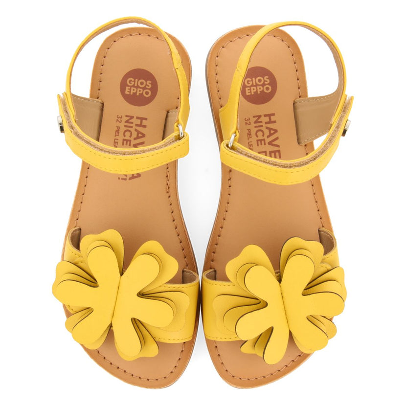 YELLOW LEATHER SANDALS WITH FLOWER EMBELLISHMENT FOR GIRL AND BOY CRES