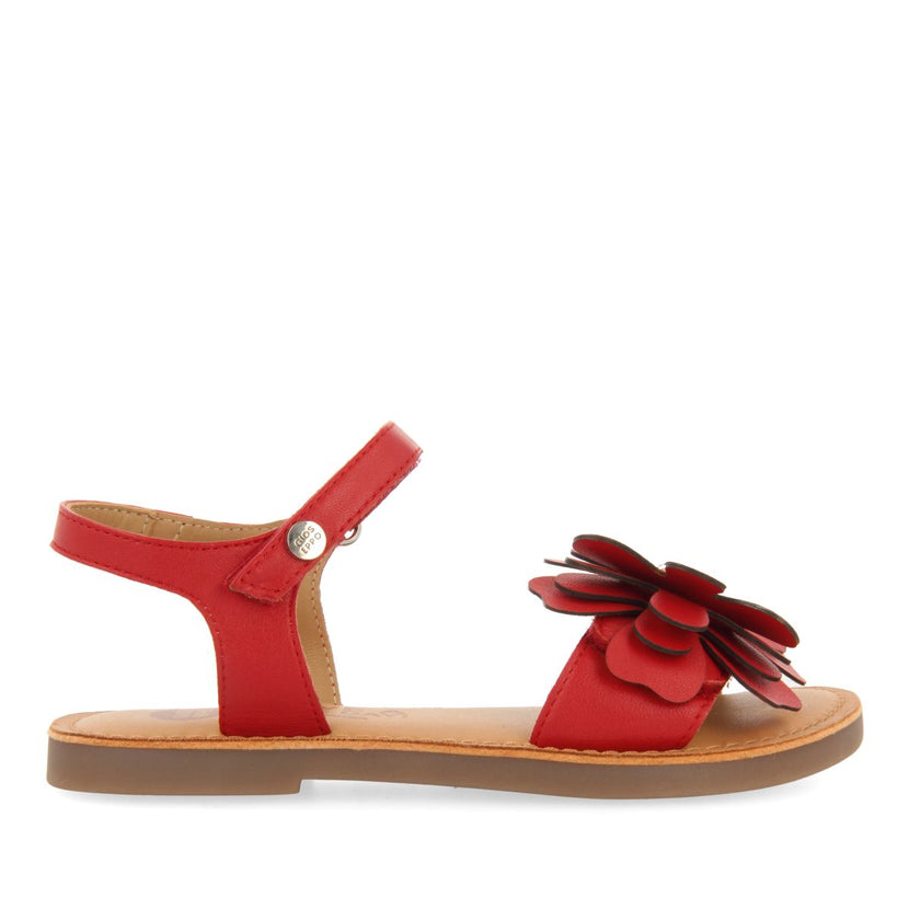 RED LEATHER SANDALS WITH FLOWER EMBELLISHMENT FOR GIRL AND BOY CRES