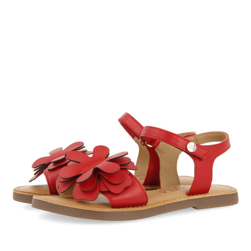 RED LEATHER SANDALS WITH FLOWER EMBELLISHMENT FOR GIRL AND BOY CRES