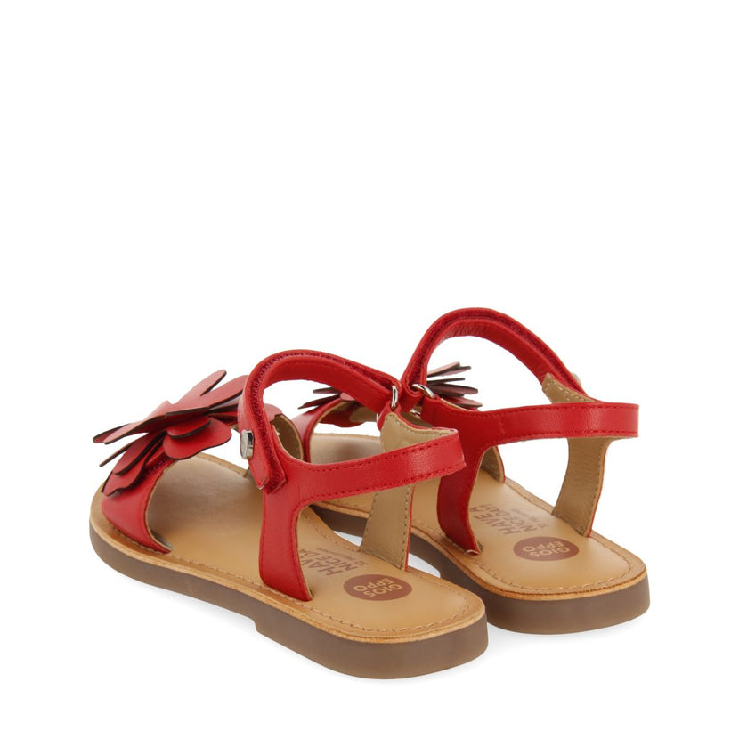 RED LEATHER SANDALS WITH FLOWER EMBELLISHMENT FOR GIRL AND BOY CRES