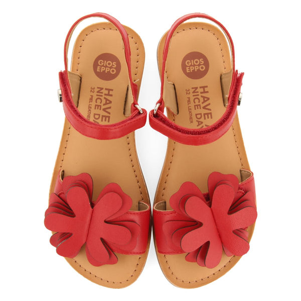 RED LEATHER SANDALS WITH FLOWER EMBELLISHMENT FOR GIRL AND BOY CRES