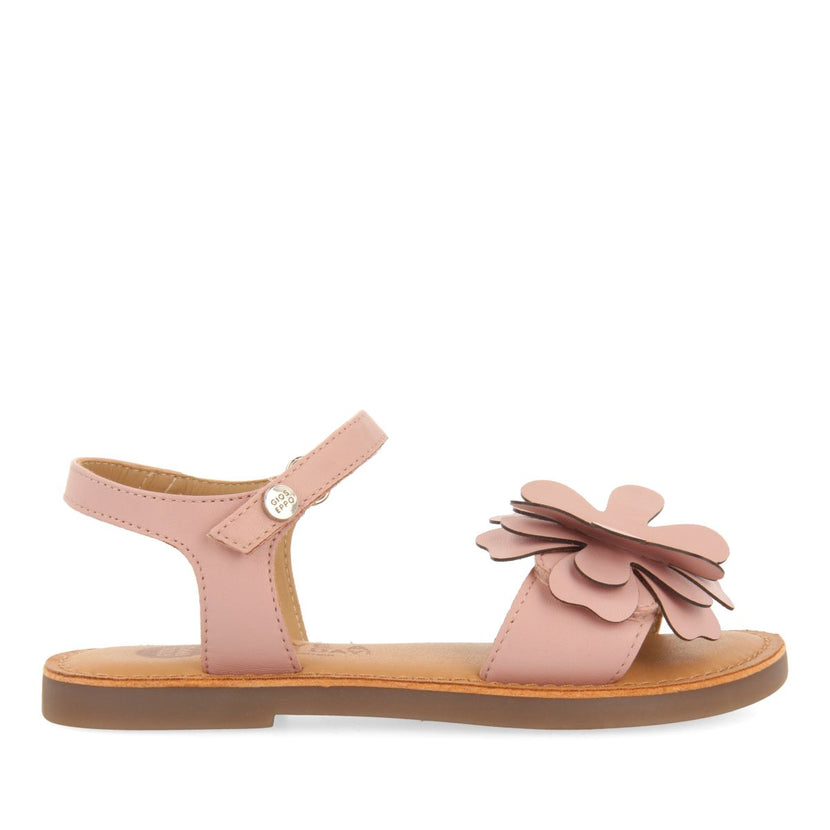 PINK LEATHER SANDALS WITH FLOWER EMBELLISHMENT FOR GIRL AND BOY CRES