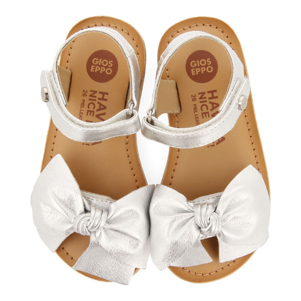SILVER LEATHER SANDALS WITH BOW FOR GIRL AND BOY DELONICE