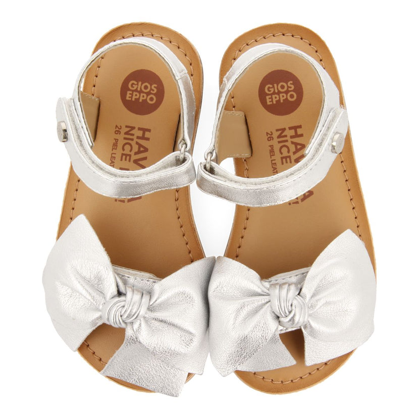 SILVER LEATHER SANDALS WITH BOW FOR GIRL AND BOY DELONICE