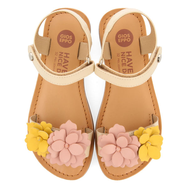SANDALIAS COLOR OFF-WHITE DE PIEL CON ADORNO DE FLORES PARA NIÑA Y NIÑO IMOTSKI