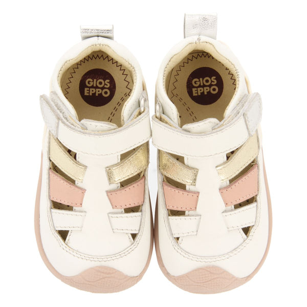 OFF-WHITE LEATHER BABY SANDALS IN CRAB STYLE WITH METALLIC DETAILS