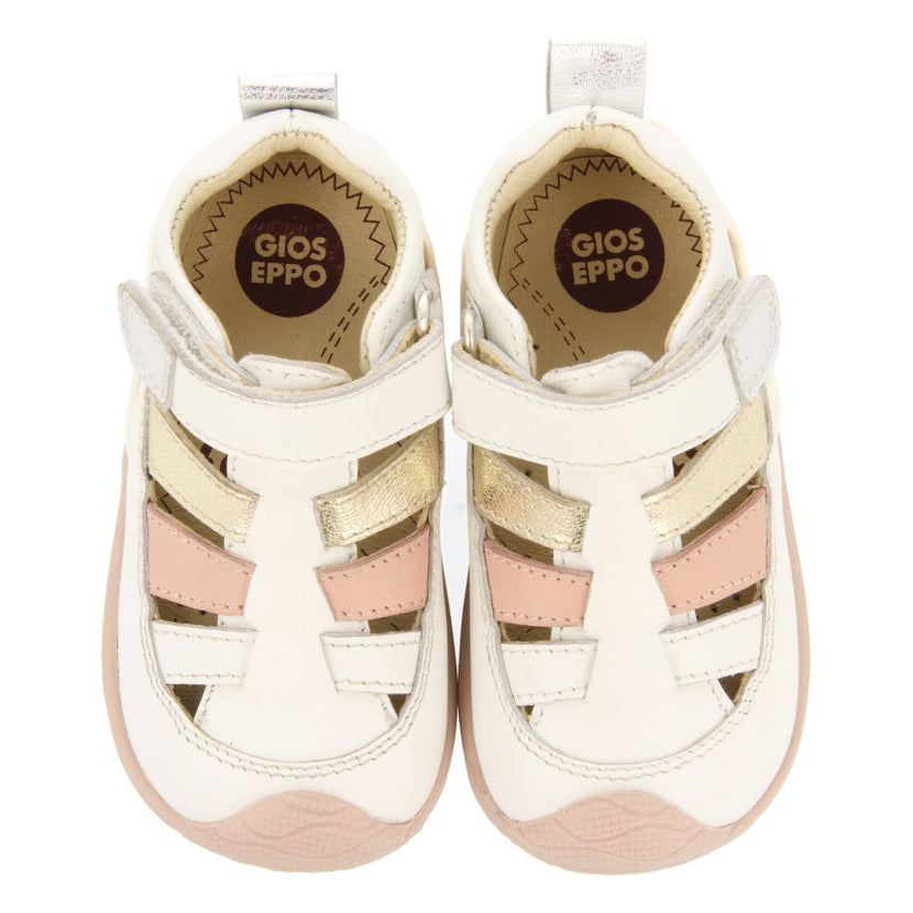 OFF-WHITE LEATHER BABY SANDALS IN CRAB STYLE WITH METALLIC DETAILS