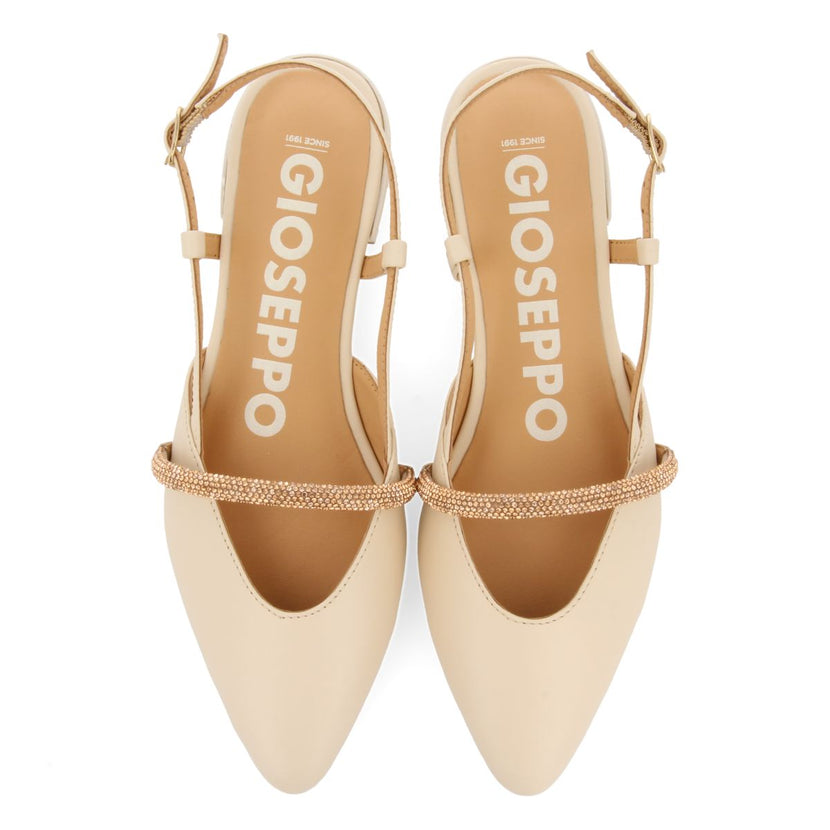 BAILARINAS OFF-WHITE DE PIEL DESTALONADAS CON DETALLE DE TIRA CON PEDRERÍA PARA MUJER GODRANO