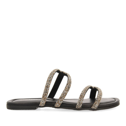 SANDALIAS NEGRAS DE PIEL CON TIRAS CON PEDRERÍA PARA MUJER BONIFAY