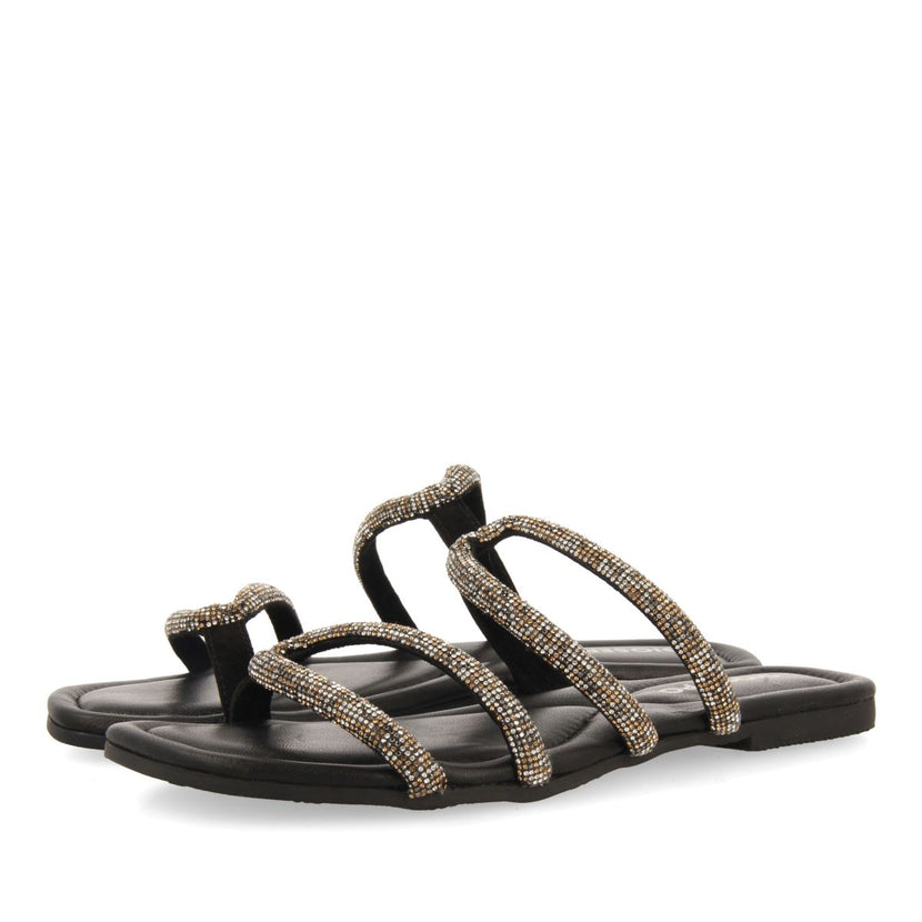 SANDALIAS NEGRAS DE PIEL CON TIRAS CON PEDRERÍA PARA MUJER BONIFAY