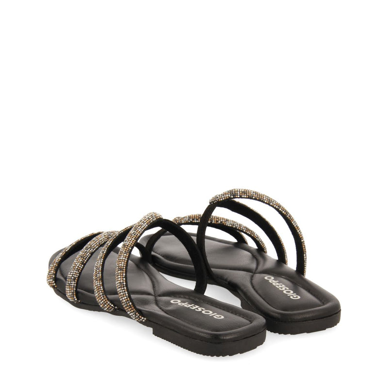 SANDALIAS NEGRAS DE PIEL CON TIRAS CON PEDRERÍA PARA MUJER BONIFAY