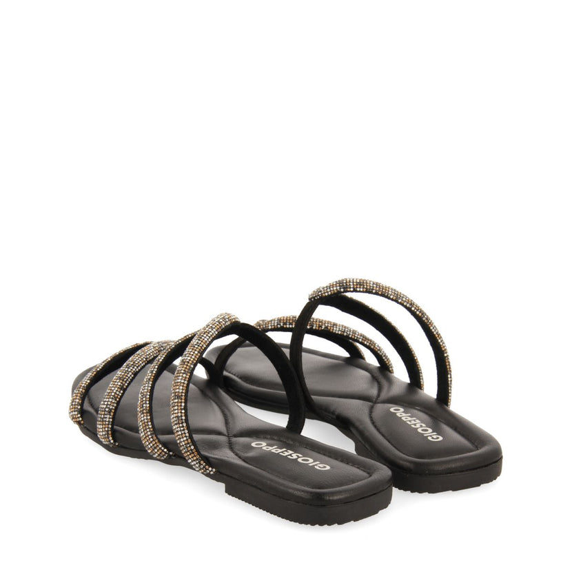 SANDALIAS NEGRAS DE PIEL CON TIRAS CON PEDRERÍA PARA MUJER BONIFAY