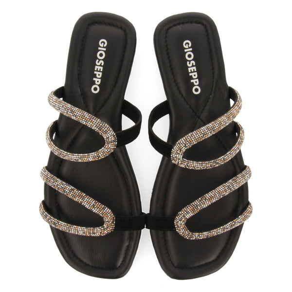 SANDALIAS NEGRAS DE PIEL CON TIRAS CON PEDRERÍA PARA MUJER BONIFAY