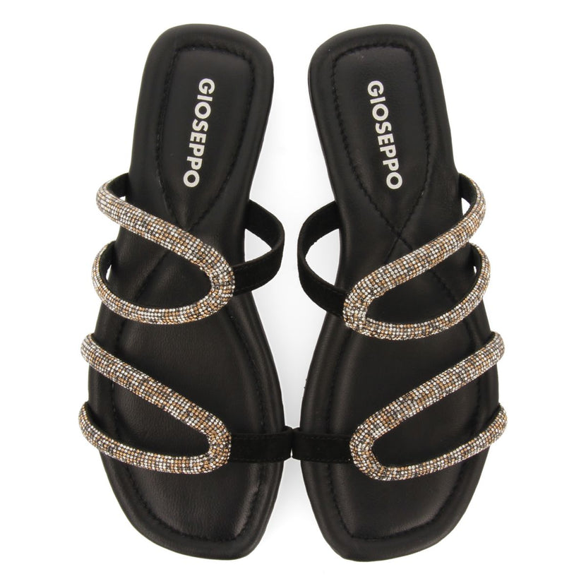 SANDALIAS NEGRAS DE PIEL CON TIRAS CON PEDRERÍA PARA MUJER BONIFAY
