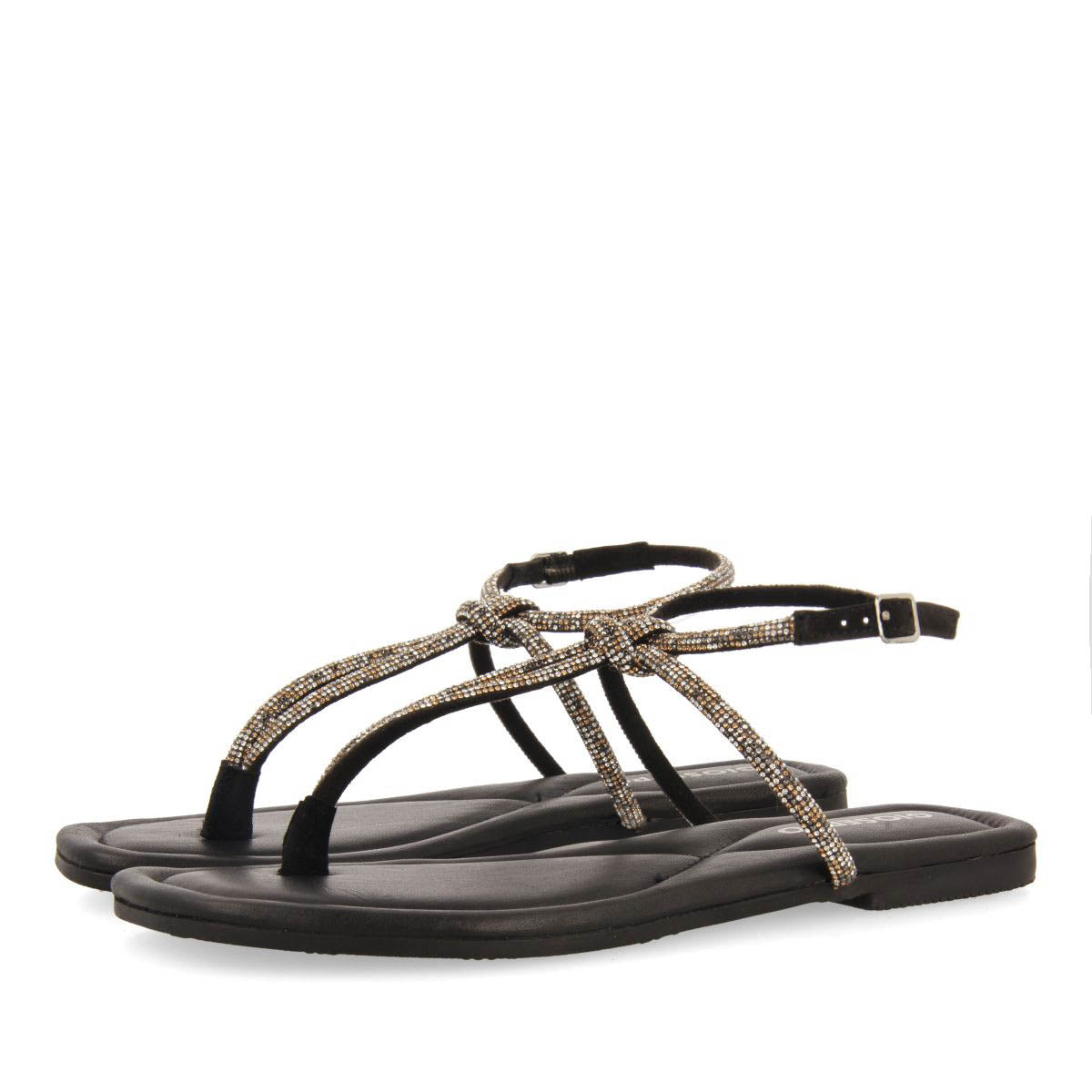 SANDALIAS NEGRAS DE PIEL CON TIRAS CON PEDRERÍA PARA MUJER BURNT