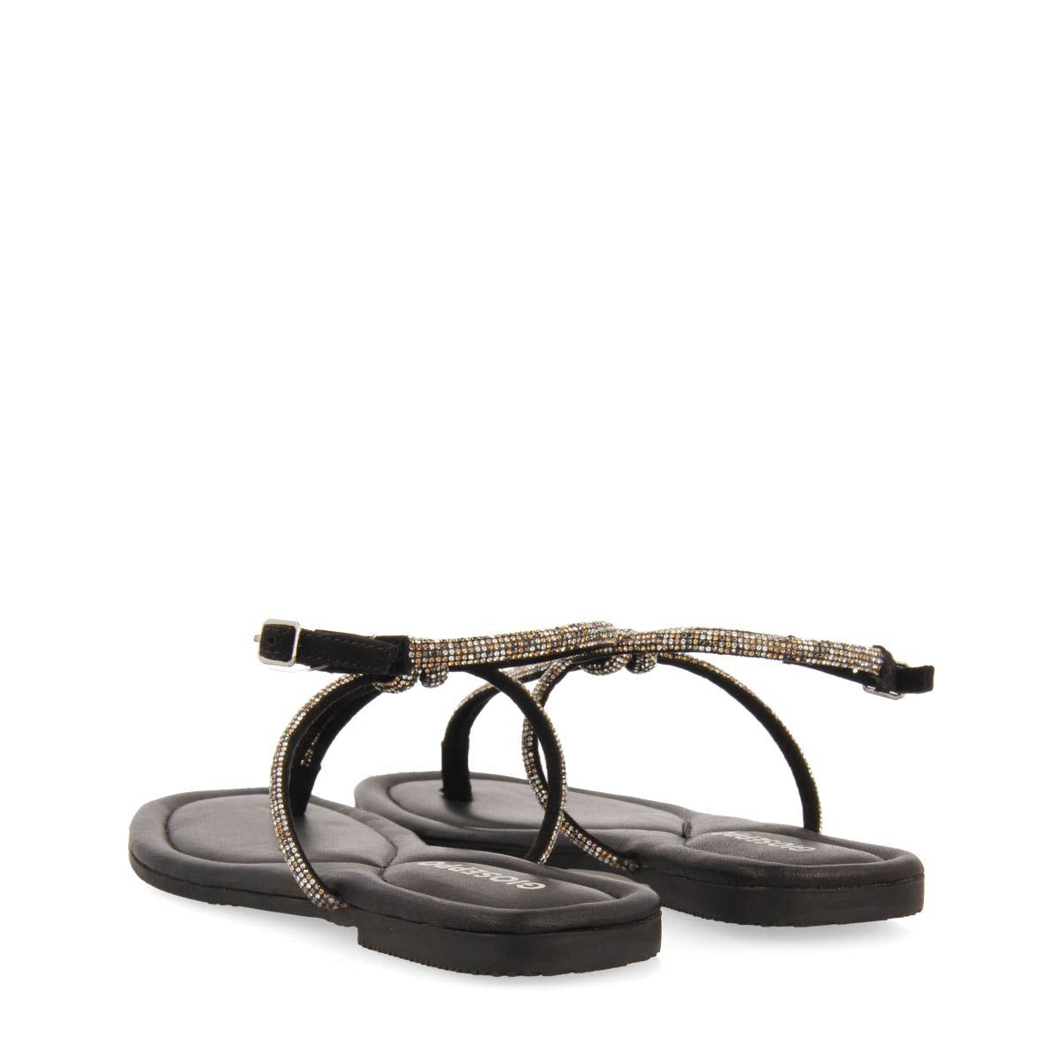 SANDALIAS NEGRAS DE PIEL CON TIRAS CON PEDRERÍA PARA MUJER BURNT