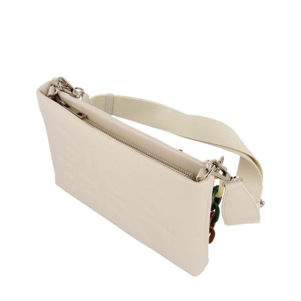 BOLSO DE MANO COLOR BEIGE CON DETALLE DE CADENA MULTICOLOR NOCATEE