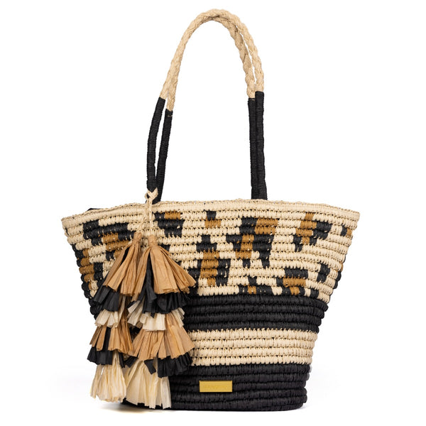 CAPAZO COLOR NATURAL CON FLECOS, ESTAMPADO ANIMAL Y BANDAS EN CONTRASTE RAMACCA