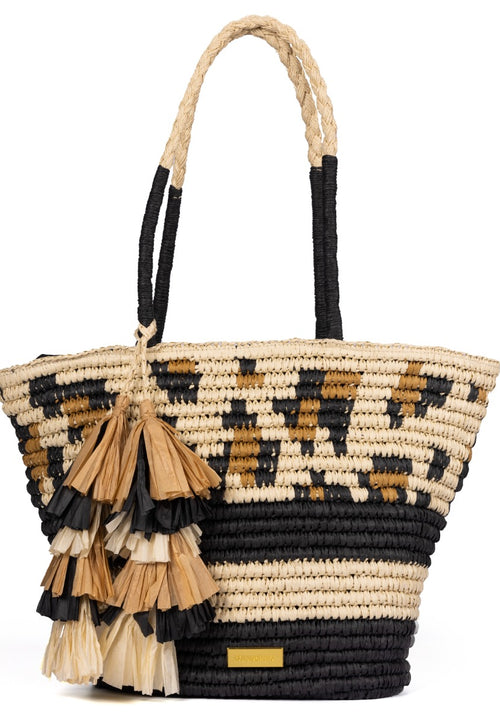 CAPAZO COLOR NATURAL CON FLECOS, ESTAMPADO ANIMAL Y BANDAS EN CONTRASTE RAMACCA