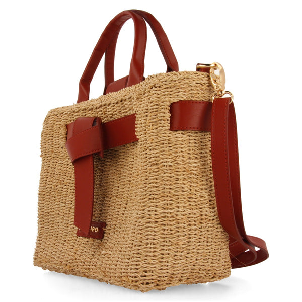 BOLSO BANDOLERA DE RAFIA CON LAZO Y DETALLES EN COLOR CUERO GREKAN