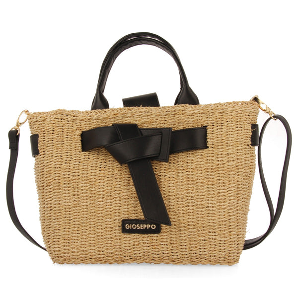 BOLSO BANDOLERA DE RAFIA CON LAZO Y DETALLES EN NEGRO GREKAN