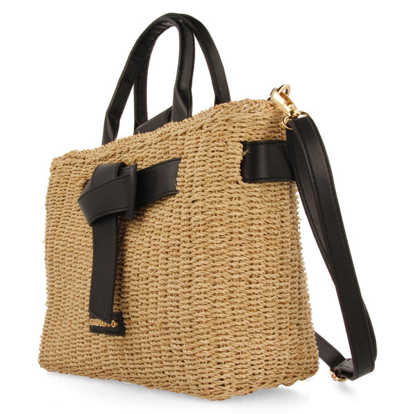 BOLSO BANDOLERA DE RAFIA CON LAZO Y DETALLES EN NEGRO GREKAN
