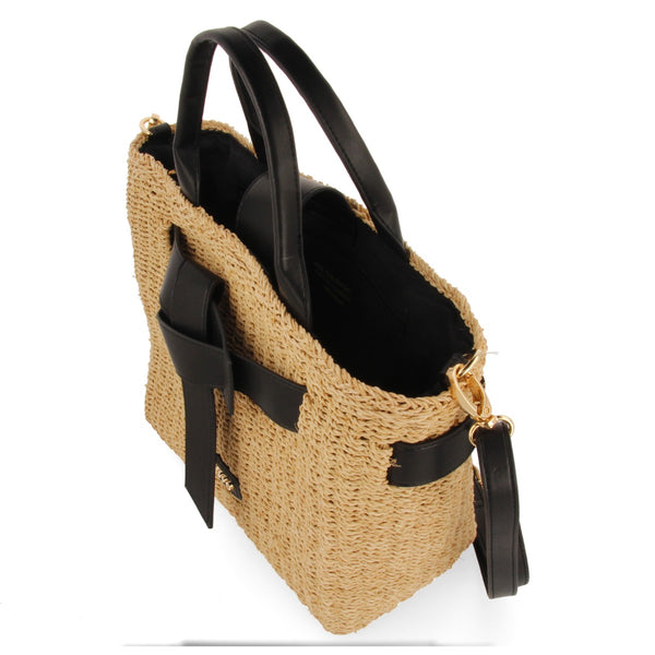BOLSO BANDOLERA DE RAFIA CON LAZO Y DETALLES EN NEGRO GREKAN