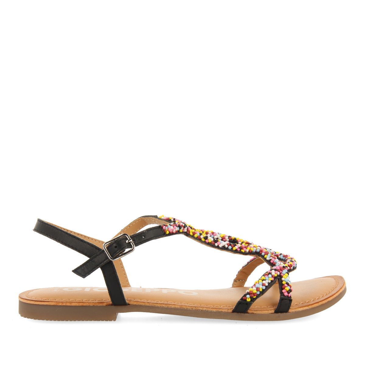 SANDALIAS NEGRAS DE PIEL CON PIEDRAS MULTICOLOR PARA MUJER LURE