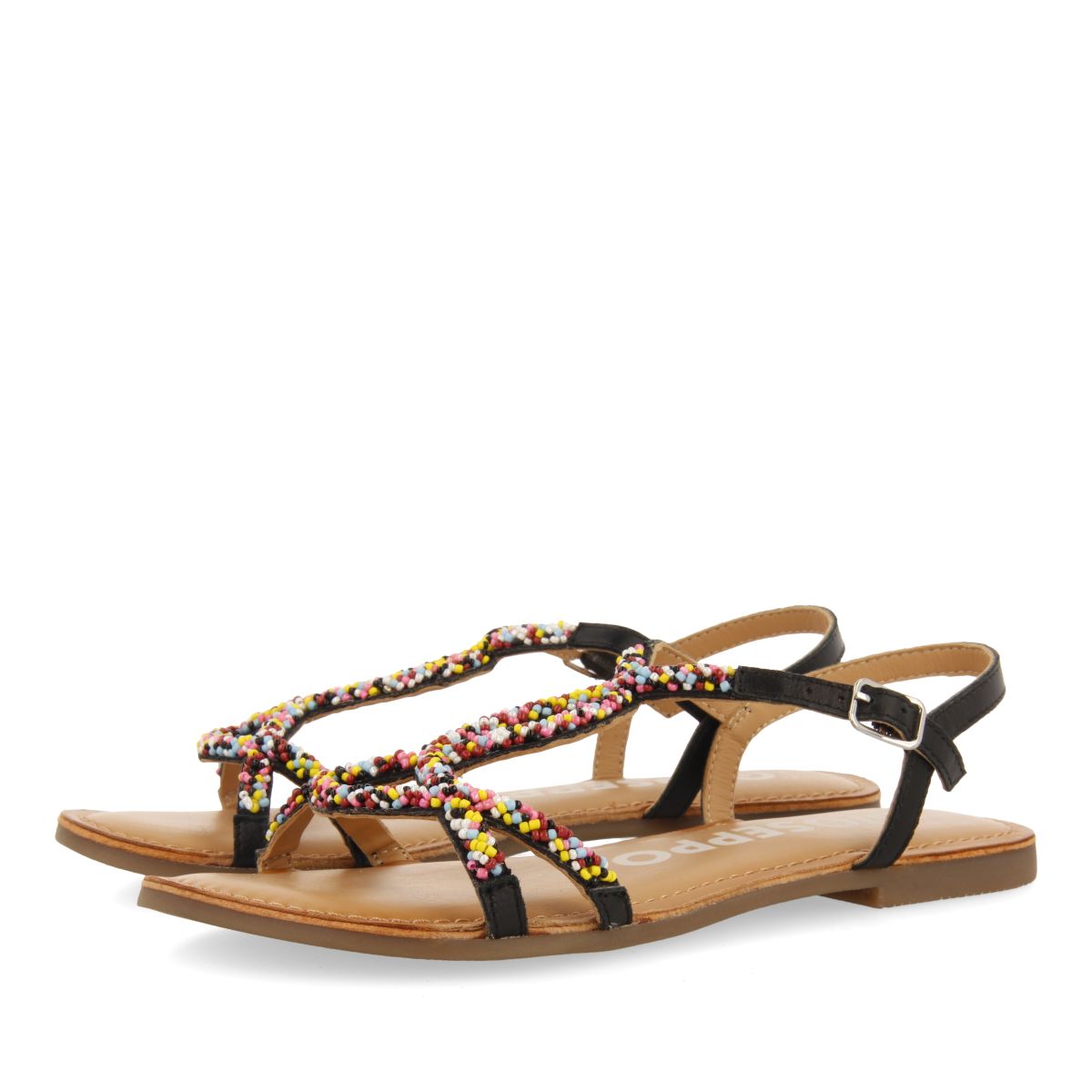 SANDALIAS NEGRAS DE PIEL CON PIEDRAS MULTICOLOR PARA MUJER LURE