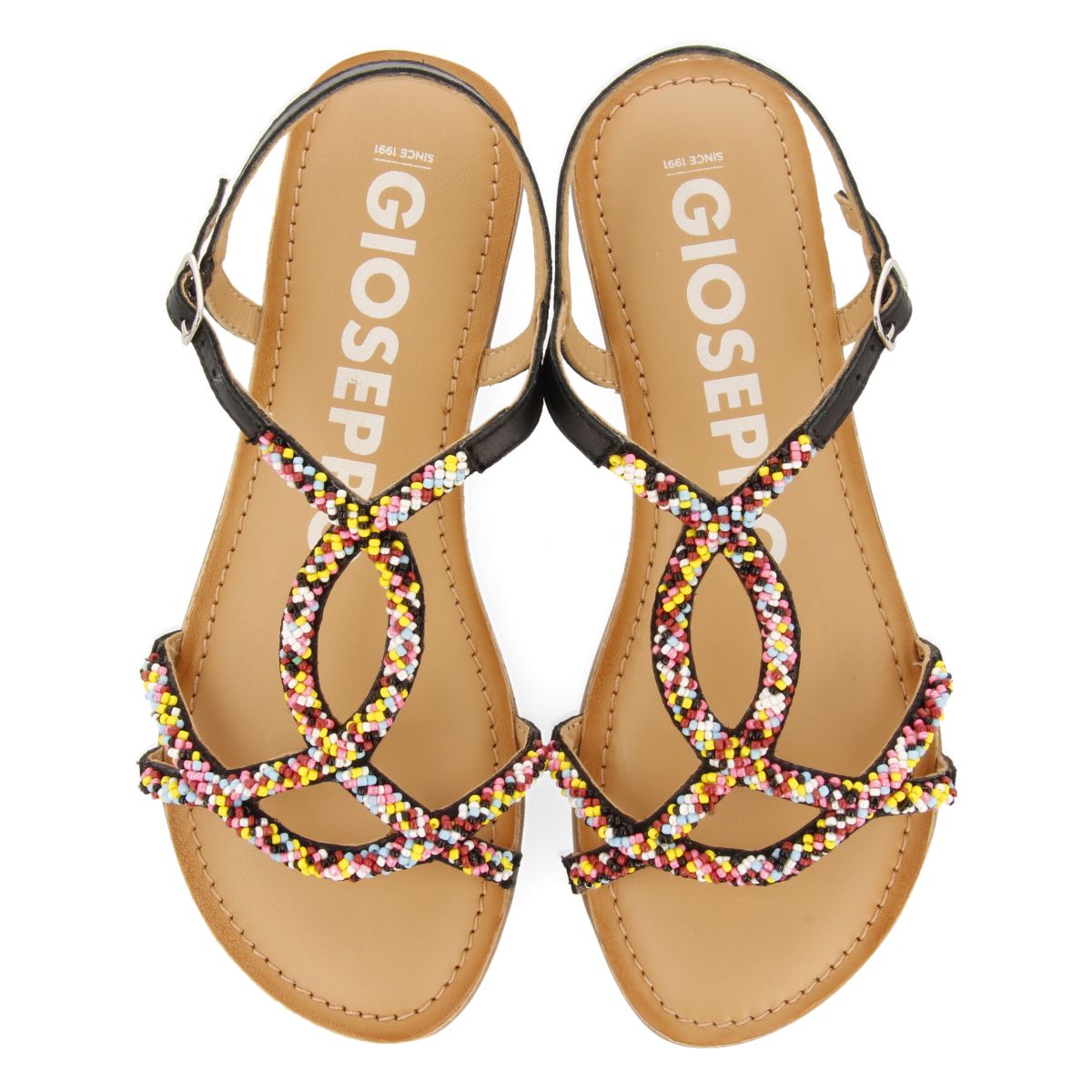 SANDALIAS NEGRAS DE PIEL CON PIEDRAS MULTICOLOR PARA MUJER LURE