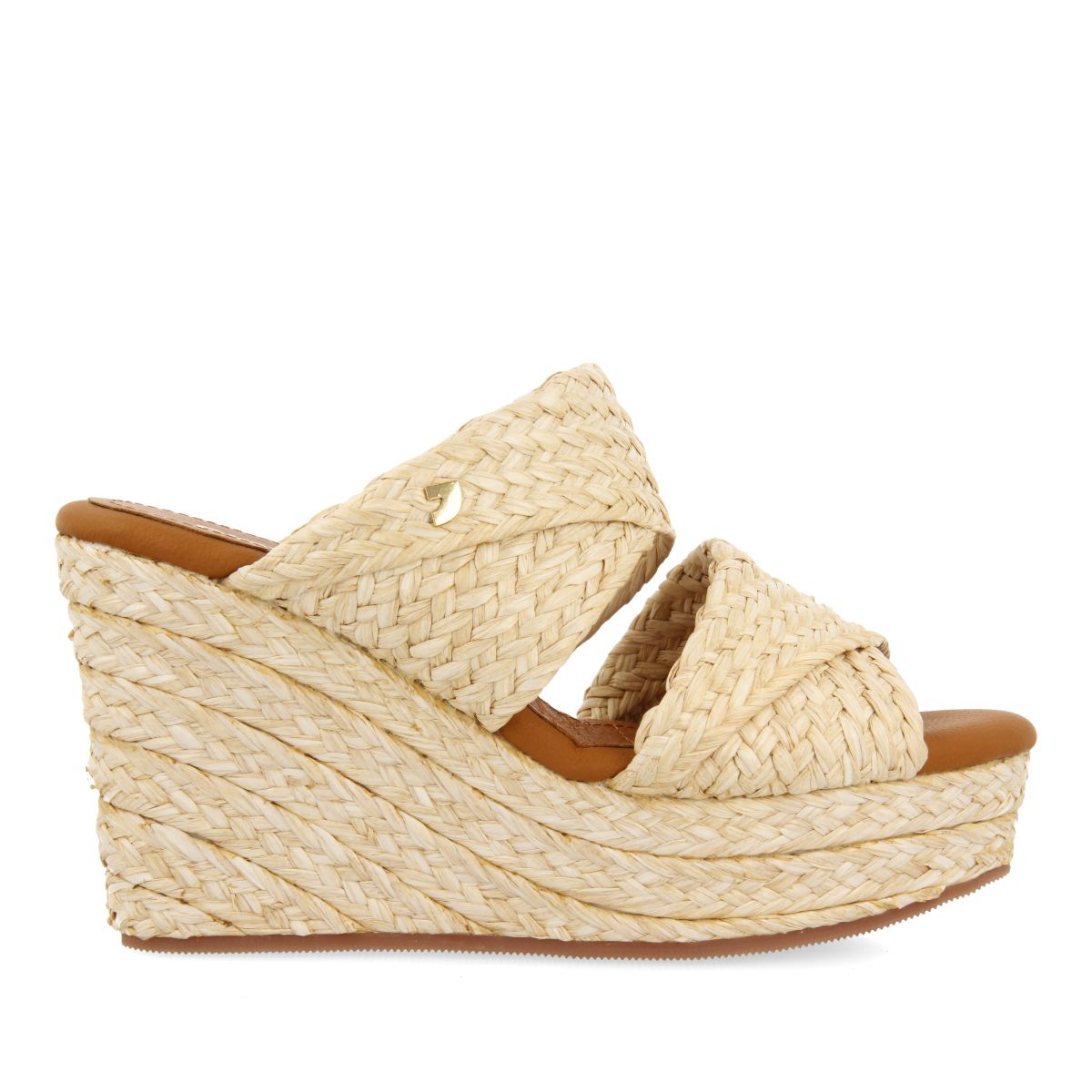 SANDALIAS ALTAS DE CUÑA COLOR CUERO ESTILO MULE CON RAFIA PARA MUJER FRAZZANO