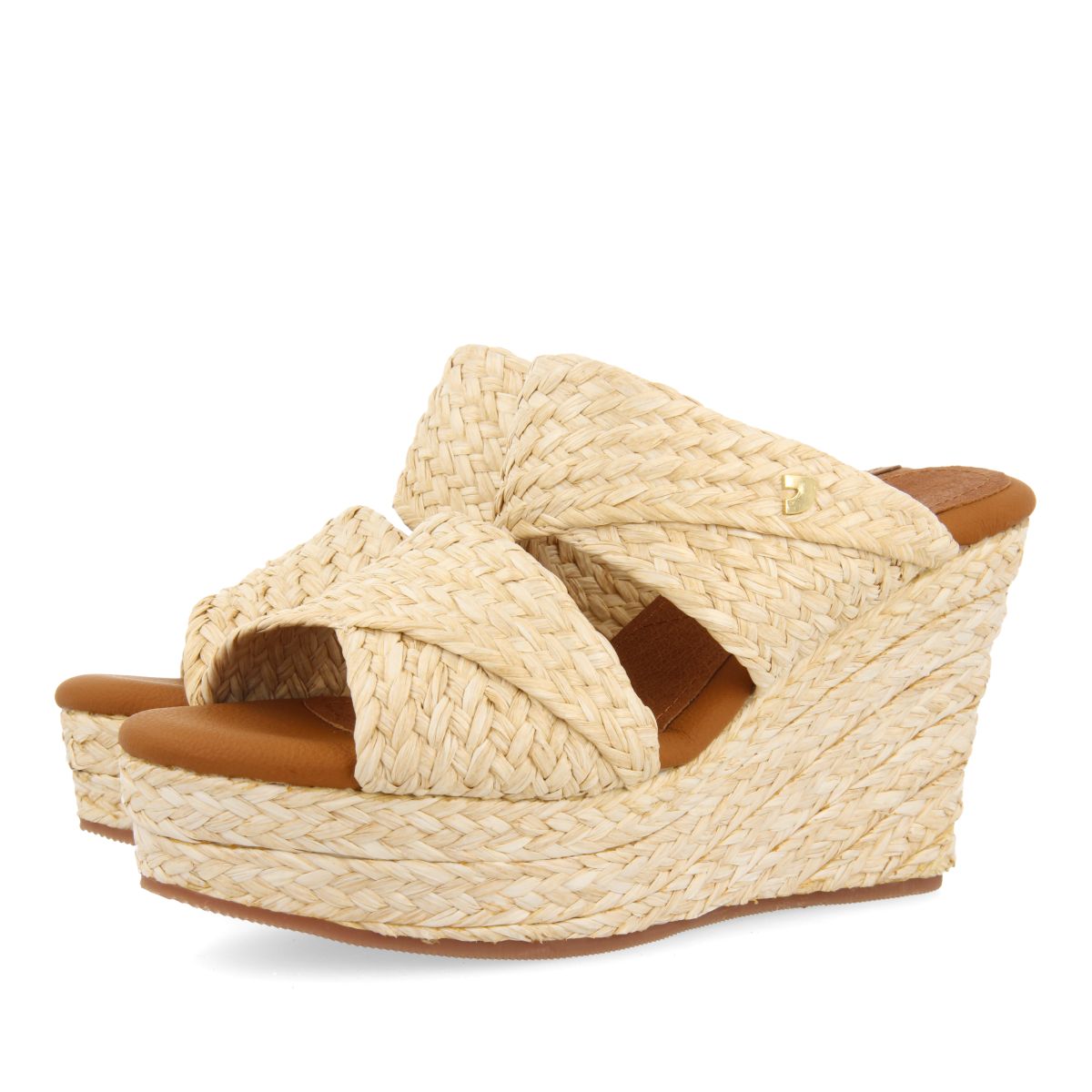 SANDALIAS ALTAS DE CUÑA COLOR CUERO ESTILO MULE CON RAFIA PARA MUJER FRAZZANO