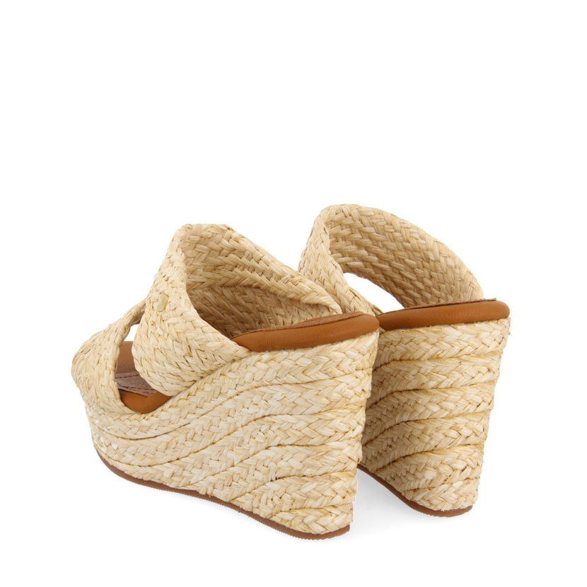 SANDALIAS ALTAS DE CUÑA COLOR CUERO ESTILO MULE CON RAFIA PARA MUJER FRAZZANO
