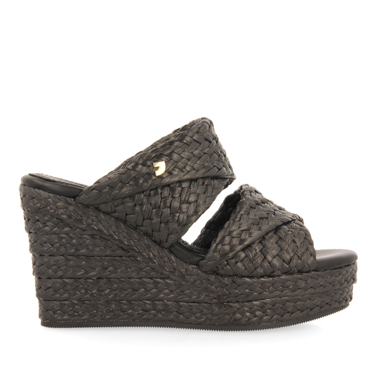 SANDALIAS ALTAS DE CUÑA COLOR NEGRO ESTILO MULE CON RAFIA PARA MUJER FRAZZANO