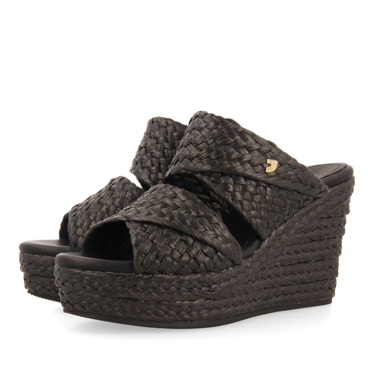 SANDALIAS ALTAS DE CUÑA COLOR NEGRO ESTILO MULE CON RAFIA PARA MUJER FRAZZANO