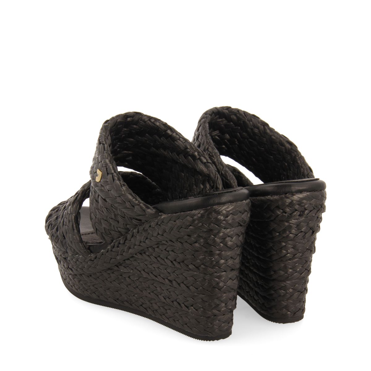 SANDALIAS ALTAS DE CUÑA COLOR NEGRO ESTILO MULE CON RAFIA PARA MUJER FRAZZANO