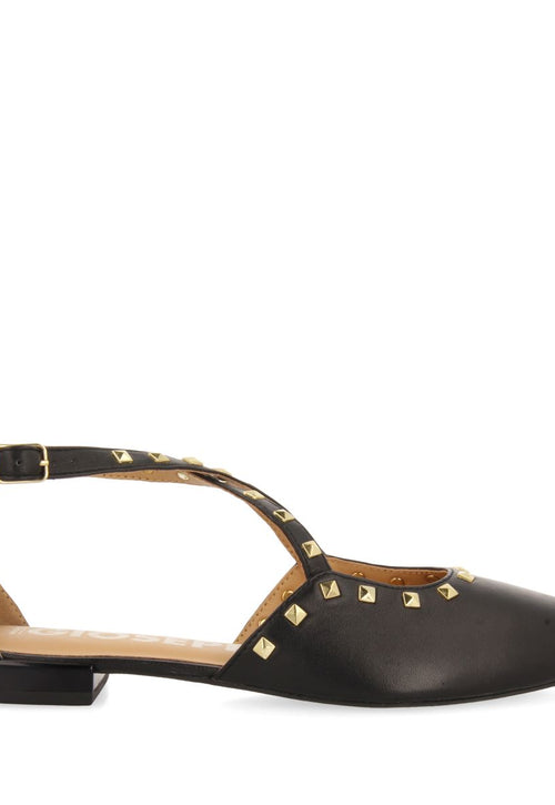 BLACK LEATHER BALLERINAS WITH POINTED TOE AND STUD DETAIL FOR WOMEN GARCON