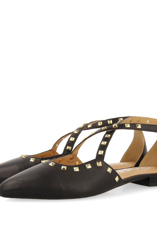 BLACK LEATHER BALLERINAS WITH POINTED TOE AND STUD DETAIL FOR WOMEN GARCON