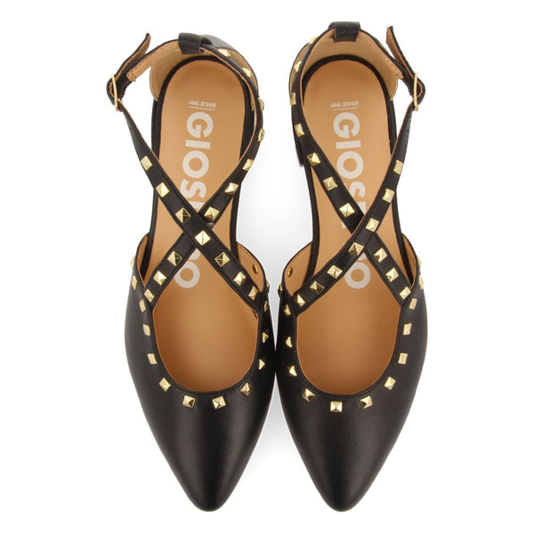BAILARINAS DE PIEL COLOR NEGRO CON PUNTA FINA Y DETALLE DE TACHAS PARA MUJER GARCON