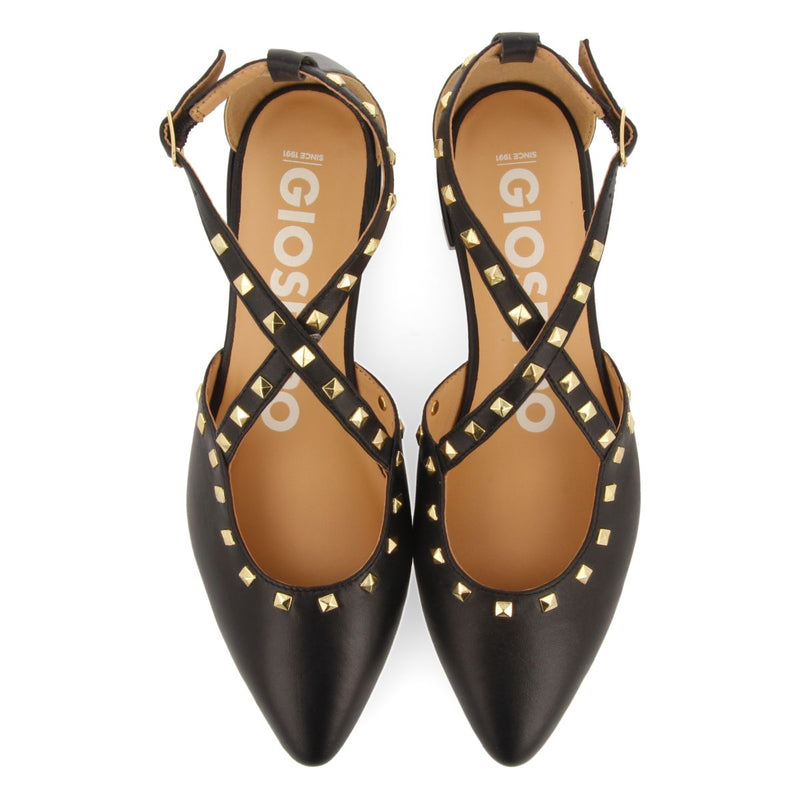 BAILARINAS DE PIEL COLOR NEGRO CON PUNTA FINA Y DETALLE DE TACHAS PARA MUJER GARCON